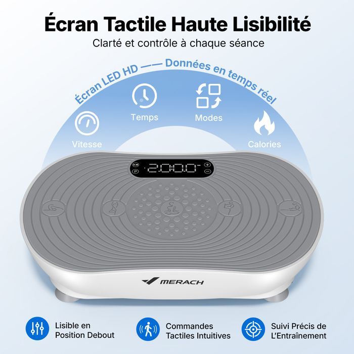 MERACH PRO Vibrationsplatte mit Fernbedienung – 99 Stufen – Integrierte Lautsprecher/Bluetooth – Manuelle/Automatische Modi – Grau