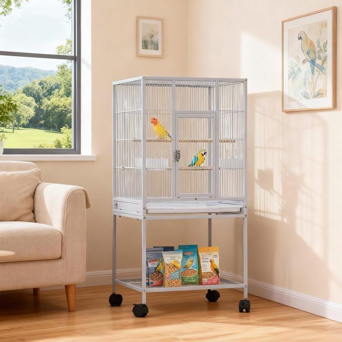 JUGUETES S - Jaula grande para pájaros - con soporte y ruedas - para cacatúas, periquitos, canarios, loros - acero - 48,5 x 46 x 103 cm - blanco