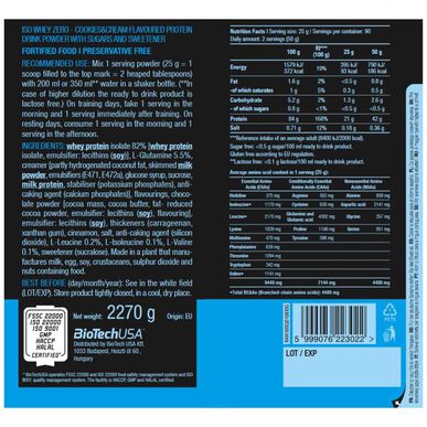 BioTech USA Cookie Cream Zero Protein Supplement ISO 2,27 kg 2,27 kg