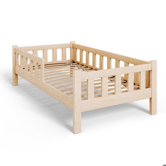 Cama infantil Montessori PINI de 80x160 cm en madera natural con barandilla de seguridad — Base de lamas, madera maciza de pino