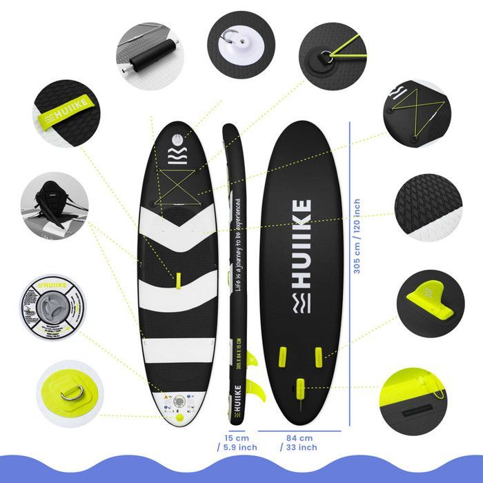 Paddle Gonflable Adulte Jet Noir avec des Accessoires de Qualité - HUIIKE | Stand Up Paddle avec Pagaie en Aluminium, Pompe, Leash