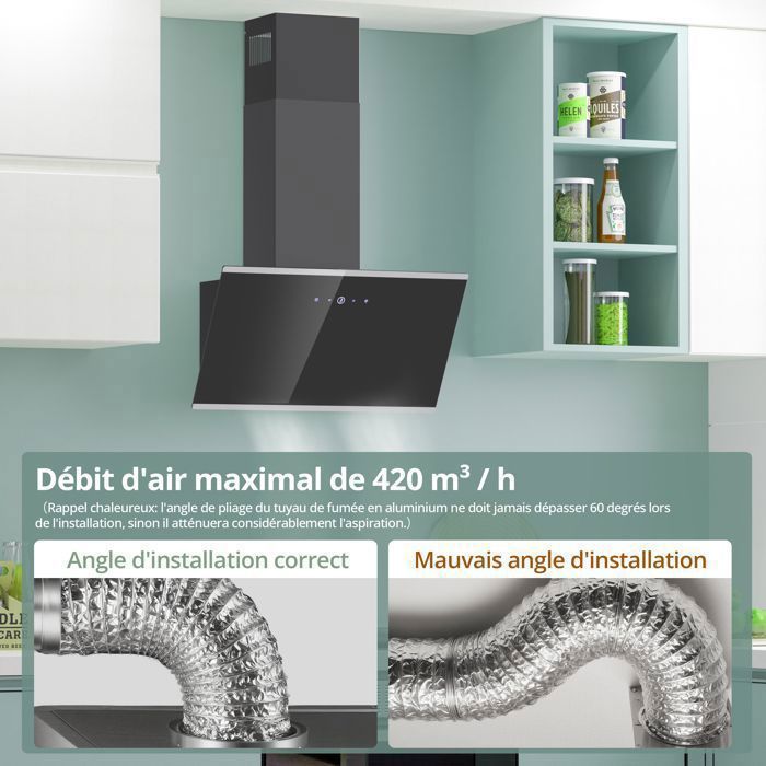 FIREGAS 60cm Cooker Hood - Recirculating and Extraction - 420 m³/h - 3 Speeds - CC130 Carbon Filter - Black - Touchscreen - A++