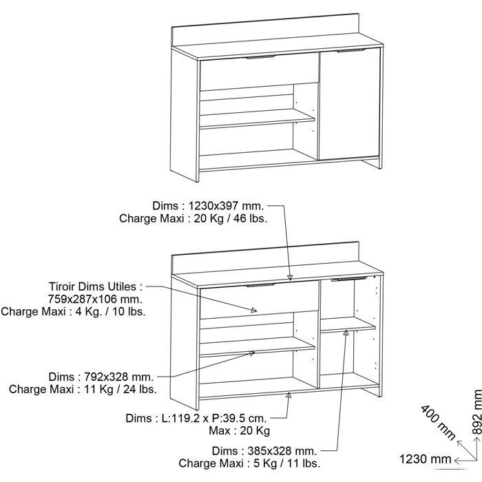 Kitchen sideboard - Raw oak and black finish - Contemporary - 1 door - MIKE - W 123 cm