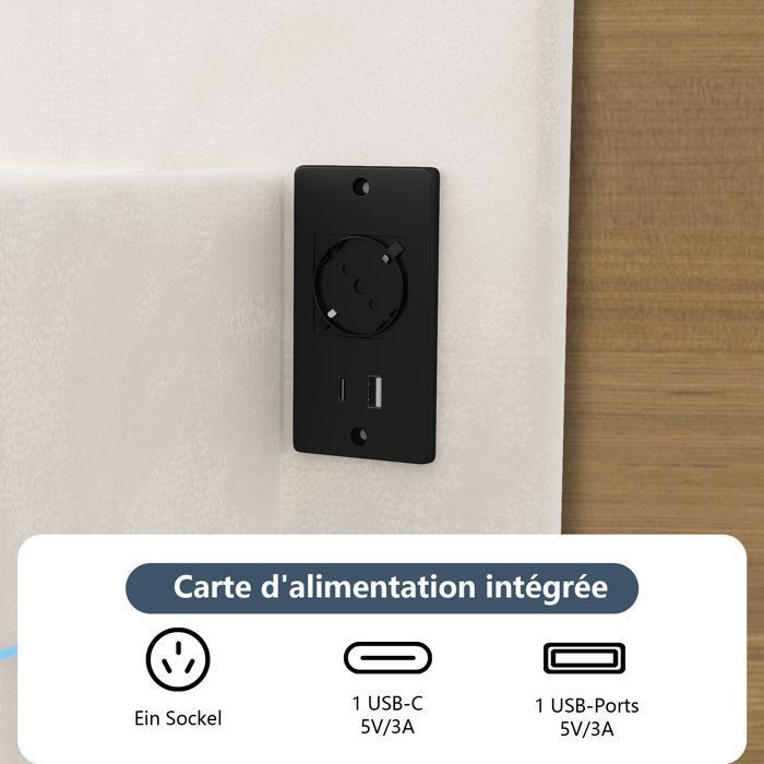 Lit Double 140x190 - Flottant Intelligent - LED RGB - Prise USB - Tête de lit Velours