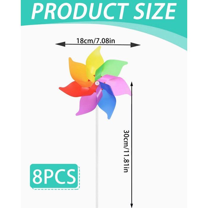 Lot de 8 moulins à vent multicolores pour balcon, arc-en-ciel, pour enfants, convient pour le jardin, l'extérieur,protection contre