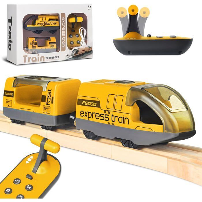 Remote Controlled Electric Train for Wooden Tracks, Motorized Train with 4 Sound and Light Effects for Children Ages 3, 4, 5+