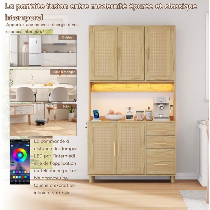 LEMONBEST 183cm Wicker Kitchen Buffet, Multicoloured LED Lighting, Electrical & USB Outlets, 5 Doors, 3 Drawers