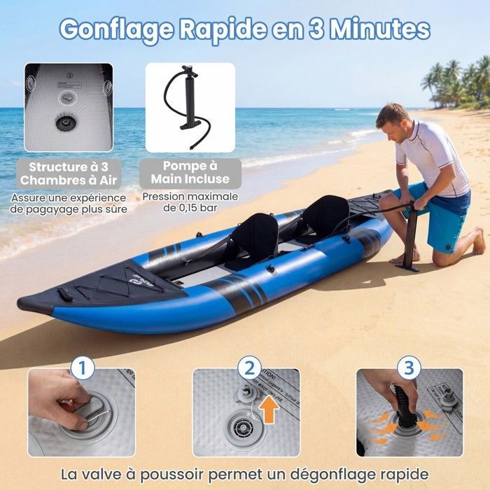 Kayak hinchable COSTWAY para 2 personas, 381x94x40cm - 2 remos de aluminio, 2 aletas desmontables, kit de reparación - Bomba manual - 230 kg - Azul