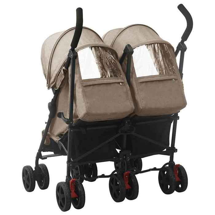 Poussette double - vidaXL - Taupe - Acier - Pliable - Réglable