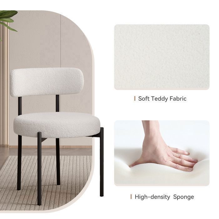 Juego de 2 sillas de comedor BatonY, sillas de cocina de tela Teddy, sillas acolchadas para comedor y sala de estar, color blanco.