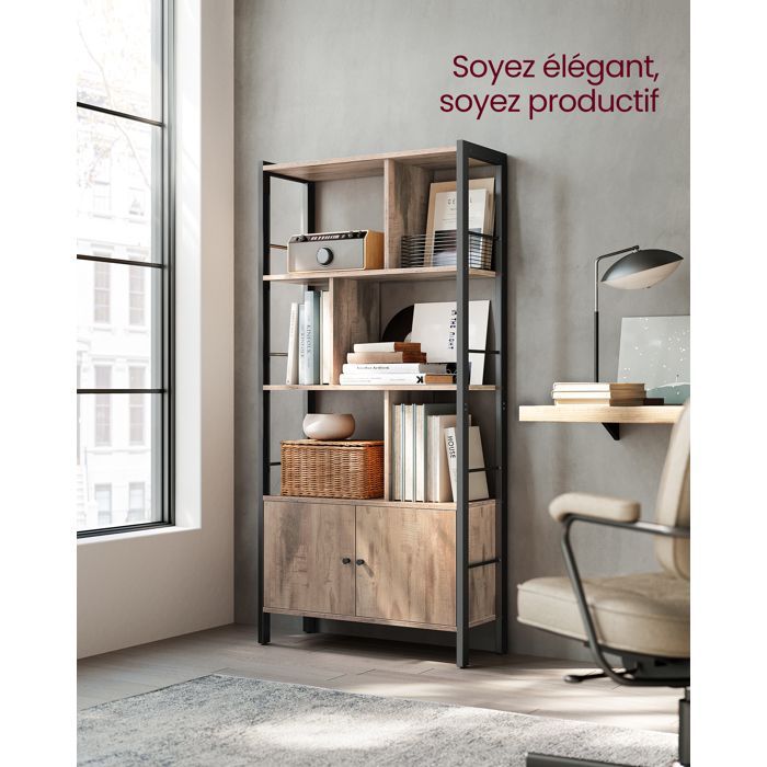 Libreria a 4 ripiani VASAGLE, mobile contenitore, armadio con ante, grande, struttura in acciaio, marrone cammello e nero