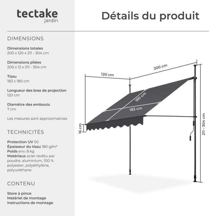 Store banne de jardin - TECTAKE - Store à pince sans perçage avec manivelle réglable en hauteur - Noir/Gris - 200 x 180 cm