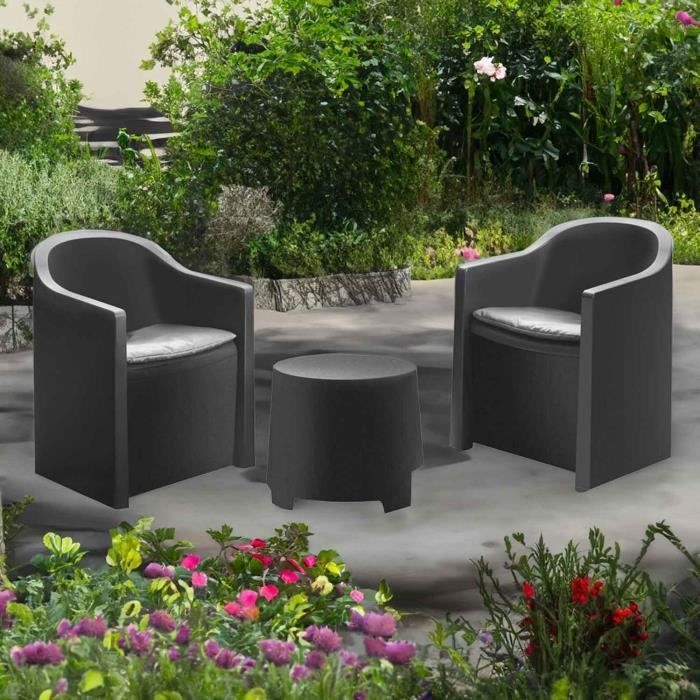 Conjunto de muebles de jardín LUNA - 2 sillones + mesa de centro - Resina - Cojines incluidos - Diseño elegante