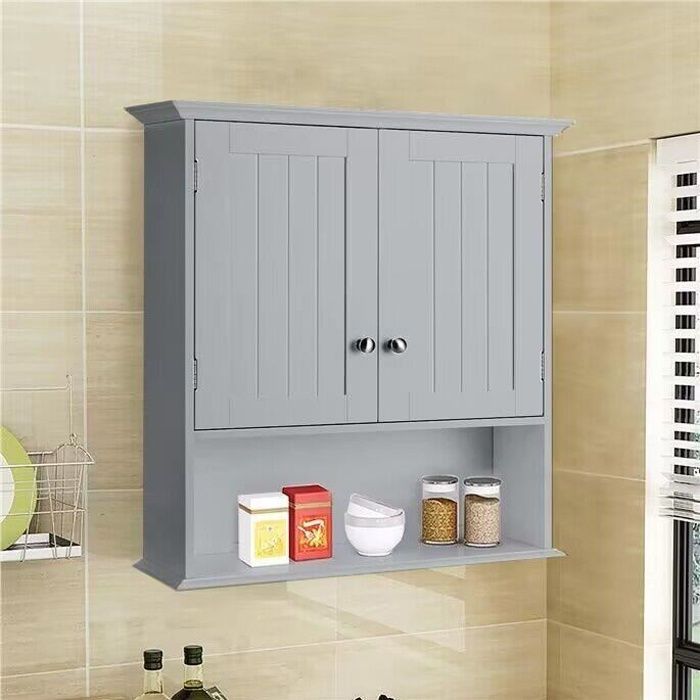 Armario de baño COSTWAY, armario de baño de pared con 2 puertas y estantes ajustables, botiquín, mueble de almacenamiento, 60x19x71cm, gris