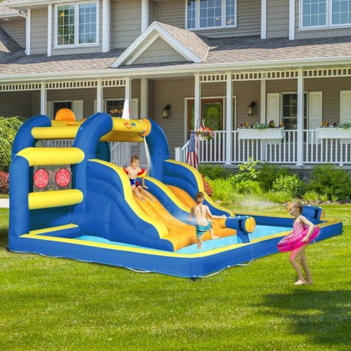 LALAHO Château Gonflable avec Souffleur, Aire de Jeux Gonflable avec Zone de Saut et 2 Toboggan,470 x 472 x 225 cm