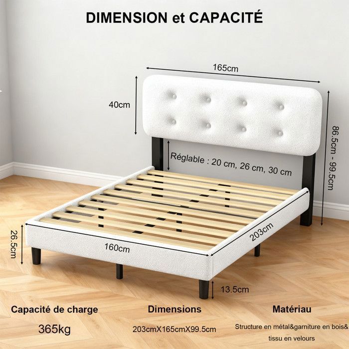 Lit - 160x200 cm - Tête de lit rembourrée Ajustable - Sommier à lattes - Double Support en Métal et Bois - Tissu cachemire blanc