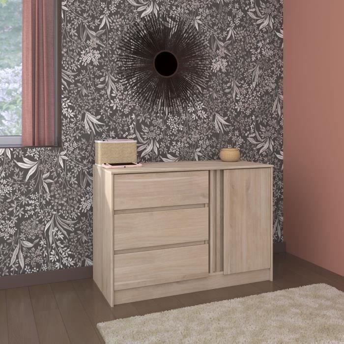 Commode ESCALE - 3 tiroirs - 1 porte - Décor chêne -  L 109,8 x H 76,8 x P 50 cm