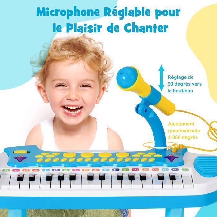 Piano electrónico para niños de 3 años, 31 teclas con taburete, COSTWAY - Micrófono, efectos de luz, 7 ritmos - Parada automática - Azul