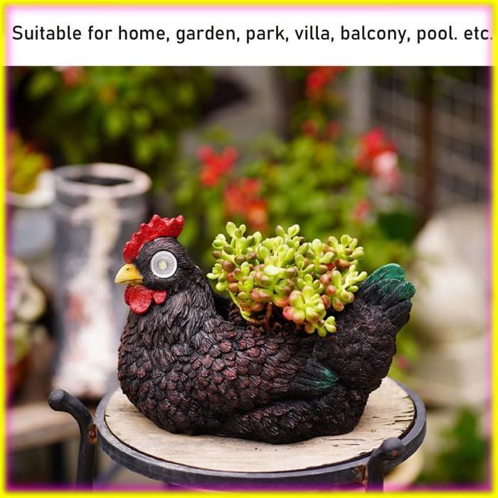 Maceta de resina con forma de gallina para suculentas de keenso con luz solar con sensor de luz automático para jardín artificial, marrón/negro.
