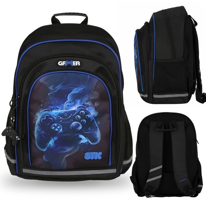 Sac à dos scolaire rembourré bleu-noir pour garçon, avec réflecteurs, pour manette de jeu 40x29x20cm, 23 l