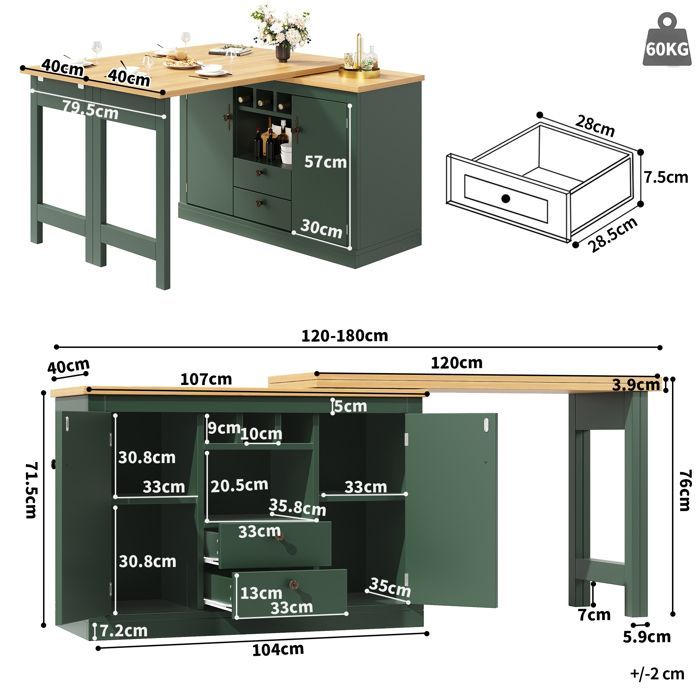Îlot de Cuisine Extensible 120-180 cm avec Rangement et Porte-Bouteilles, Table de Repas Pivotante 360°, Table Haute, Vert