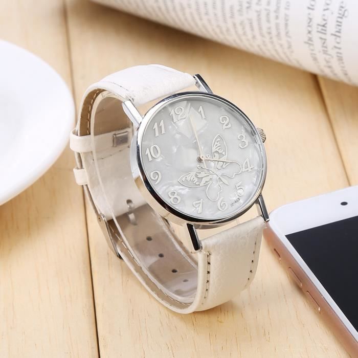 Montre femme - Bracelet en cuir PU - Mouvement à quartz - Blanc