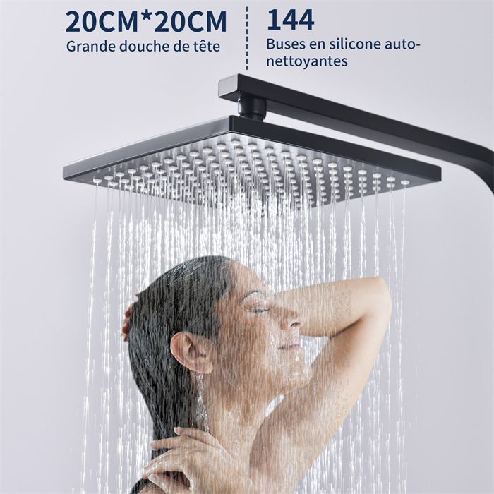 Thermostatic Shower Column, Shower Set, Brass Body, Adjustable Height, Black Shower System