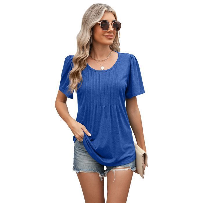 T-Shirt Femme - Bleu - Manches courtes Ete Tunique Plissé Loose Fit
