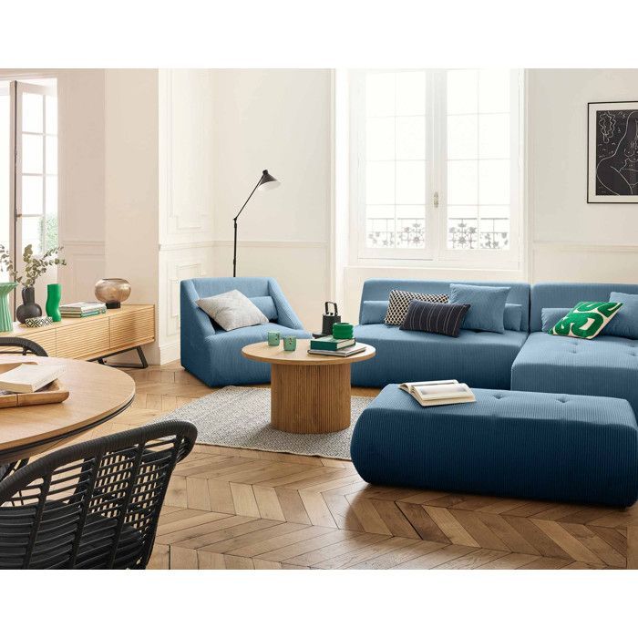 Onyx - Sofá modular de canto direito - 5 lugares - em veludo cotelê - Azul