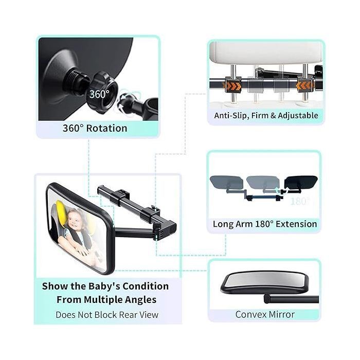 Espelho retrovisor para carro infantil || Rotação de 360° || Telescópico e ajustável || 100% inquebrável com clipe || + 4 acessórios || Fácil de usar (25,4 x 17,3 cm)