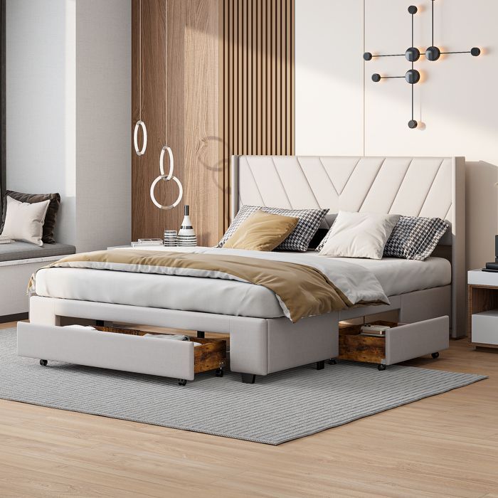 Cama doble de 160 x 200 cm, cama individual de 160 x 200 cm con 3 cajones, cama tapizada, con cabecero, estructura de cama, ropa de cama, color beige.