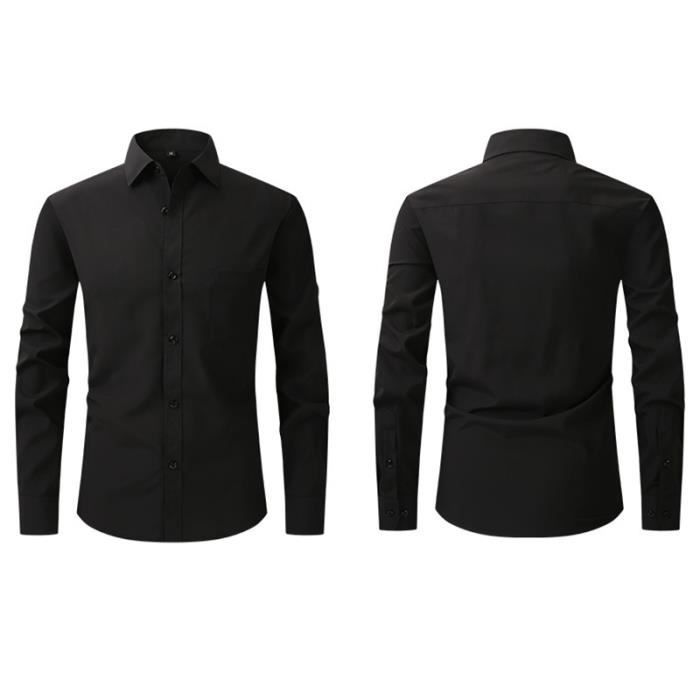 Camisa de hombre de corte ajustado con cuello vuelto, manga larga, bolsillo en el pecho, color liso - Negro