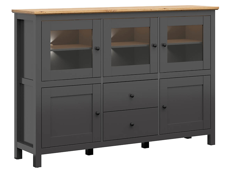 Komoda Hesen 186 cm witryna z 5 drzwiami i 2 szufladami grafit/dąb artisan