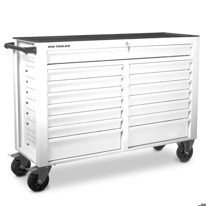 XXL 15-drawer workshop trolley, white, 1415 mm, robust, welded steel construction, lockable, ø125 mm wheels, MW Tools GW115W