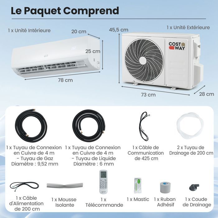 Aire acondicionado fijo mono-split Costway de 9000 BTU y 2,6 kW con refrigerante R32 - Calefacción de 16 a 31 °C - Bomba de calor - Kit de conexión completo de 4 m - Temporizador de 24 horas - A++