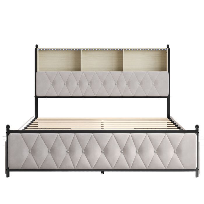 Cama de casal 180x200cm, cama king size com 4 gavetas, cabeceira com compartimento de armazenamento, LED, 2 tomadas.