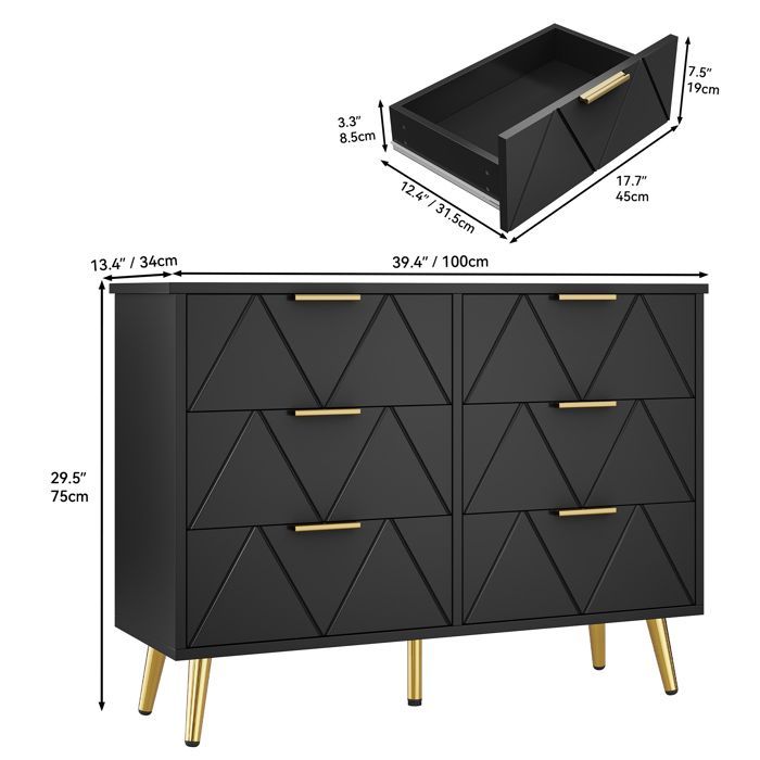 YITAHOME Commode à 6 tiroirs, Large Commode en Bois, Meuble de Rangement Coulissant, Meuble de Bureau Salon, 102 x 34 x 75cm, Noir