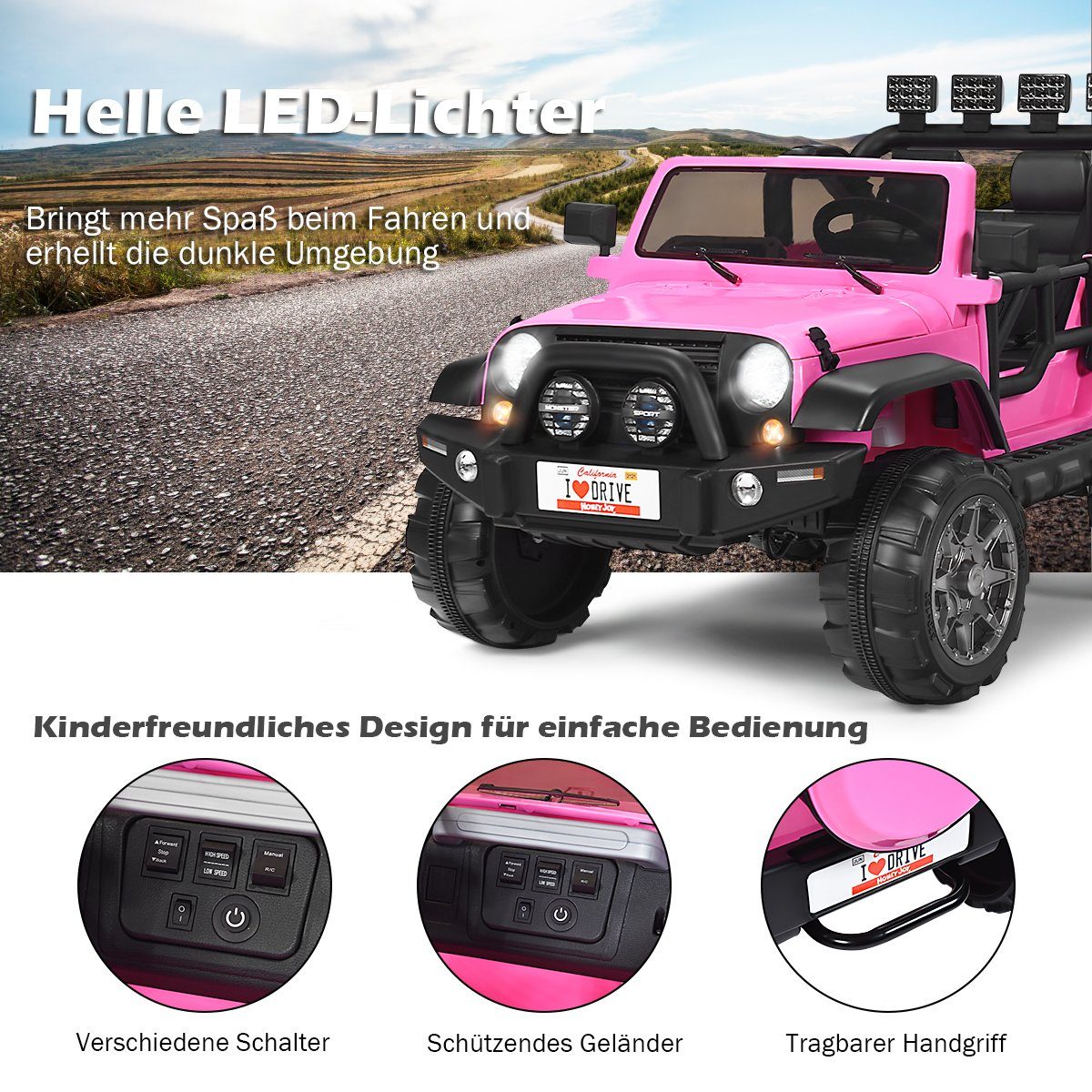 Elektrische Jeep met 2 zitplaatsen en 3 versnellingen, roze