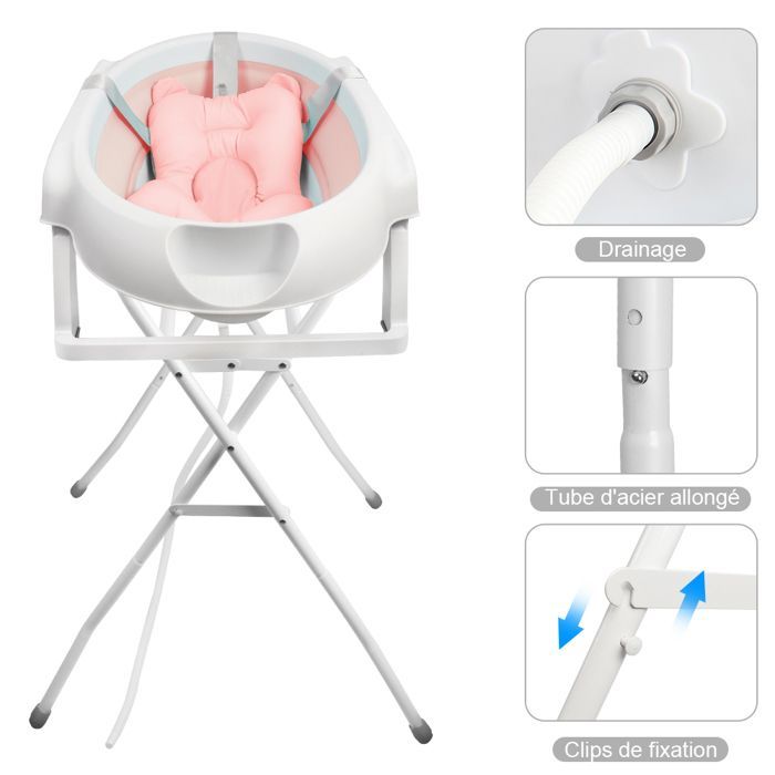 Bañera para bebé MIPAN con soporte - Bañera ergonómica para bebé - Con cojín - Drenaje integrado - 63*60*84,5 cm - Rosa