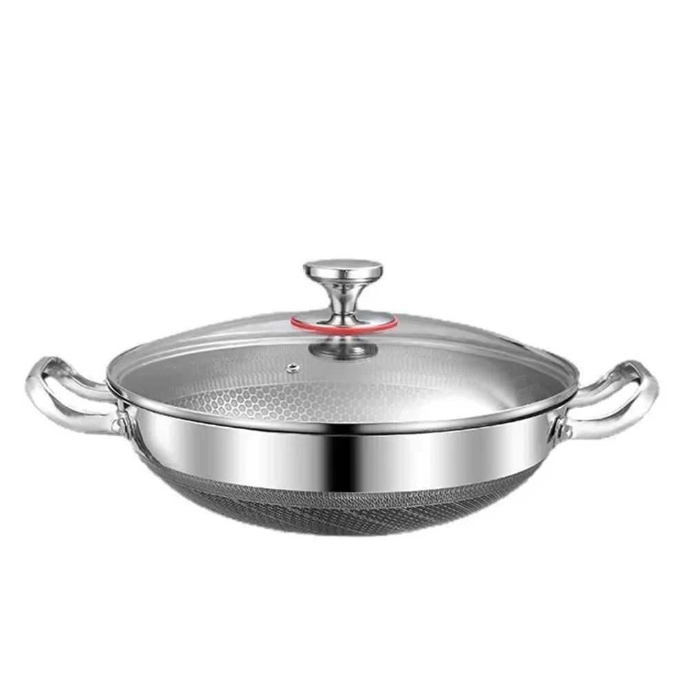 Casserole en acier inoxydable de 32 cm avec couvercle, double face antiadhésive à revêtement nid d'abeille, compatible avec les plaques à induction et à gaz.