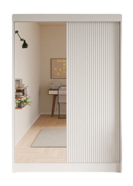 Szafa przesuwna, ryflowana z lustrem 150 cm - Biała