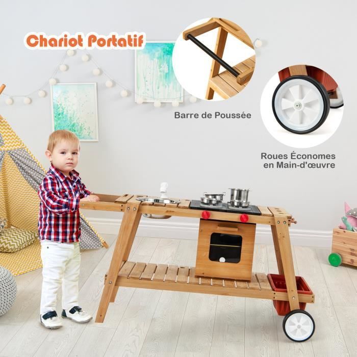 Cocina infantil de madera DREAMADE, carrito rodante para juegos de imitación al aire libre, sombrilla, horno, caja de almacenamiento extraíble, para niños de 3 años en adelante.