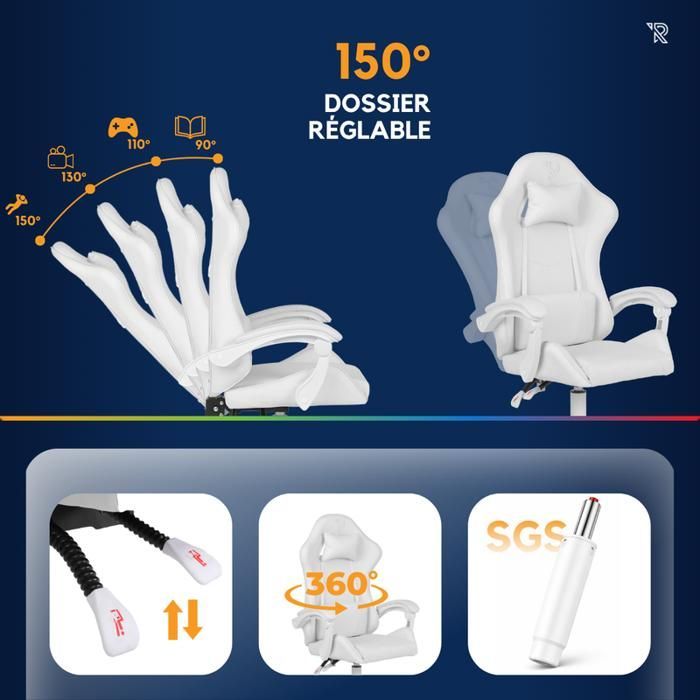 Chaise Gaming Ranqer Apollo BLANC - Fauteuil de Bureau Gamer Confortable - Siège Ergonomique Ajustable