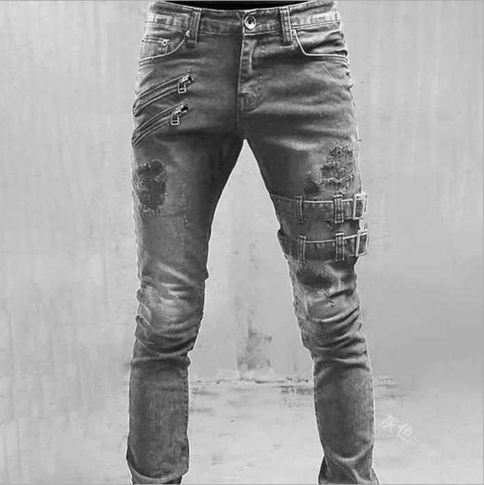 Jeans da motociclista da uomo con elastico in vita, tinta unita, stile casual alla moda - Grigio