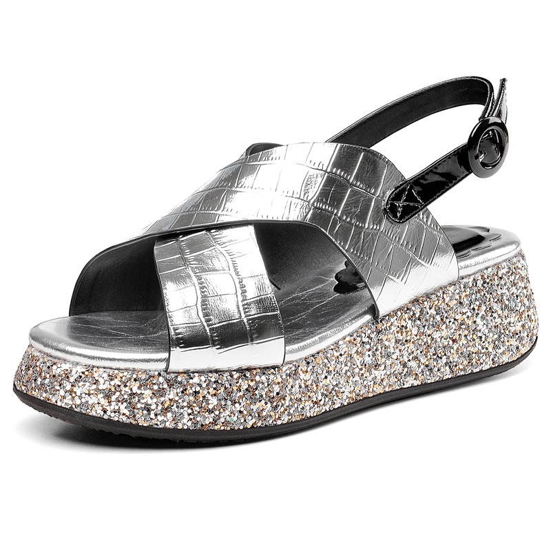 Sandálias rasteiras de plataforma com lantejoulas em couro genuíno prateado para mulheres, sapatos casuais de verão, sandálias femininas 2021.