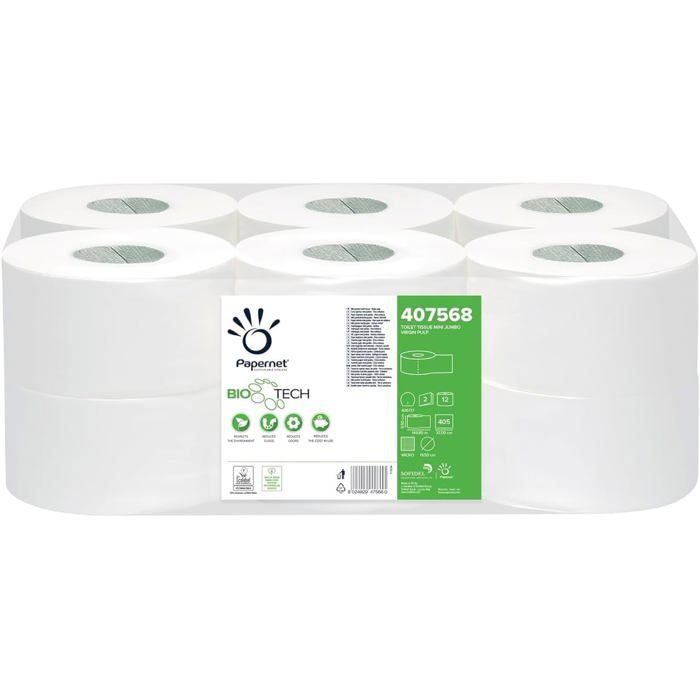 Papernet Bio Tech-Papier Hygiénique Mini Jumbo,1 Paquet de 12 Rouleaux en Cellulose Pure et Longueur de 149,85 m,2 épaisseurs