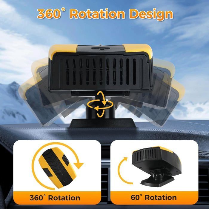 1 Calefactor para coche, 12V 150W, ventilador 2 en 1, rotación de 360°, desempañador de parabrisas, para coche/camión.