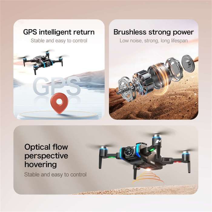 Dron GPS de doble cámara con giro de 180°, control remoto 5G, pantalla, retorno inteligente y 3 baterías.