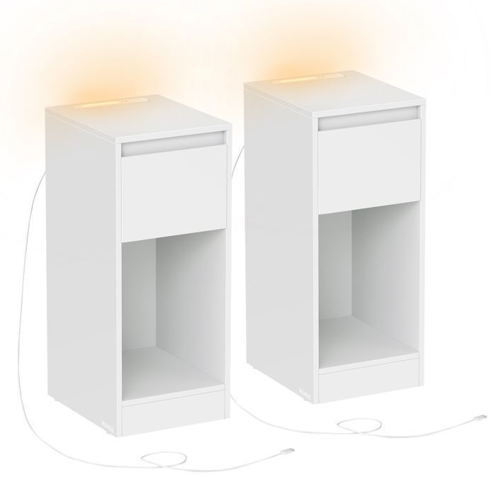 Lot de 2, Table de Chevet Étroite, avec Éclairage LED, 1 Port USB-A, 1 Port USB-C, Tiroirs et Compartiments Ouverts, Blanc Nuage