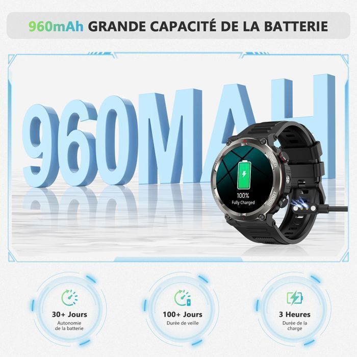 Smartwatch Blackview da uomo, batteria da 960 mAh/luce LED, display da 1,45